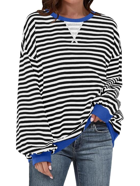 Tops - Women's Black Stripe Long Sleeve Pullover Oversized Crewneck Casual Sweaters